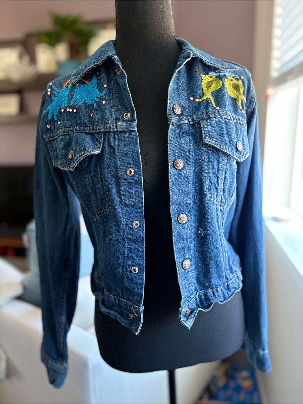 Embroidered Upcycled Dark Blue Denim Jacket w Snap Closure - Unique Handmade